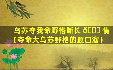 乌苏夺我命野格断长 🐟 情（夺命大乌苏野格的顺口溜）